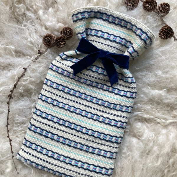 Mini Hotwater bottle - Aqua, Thistle & Navy Blue stripe. Handwoven in Wales