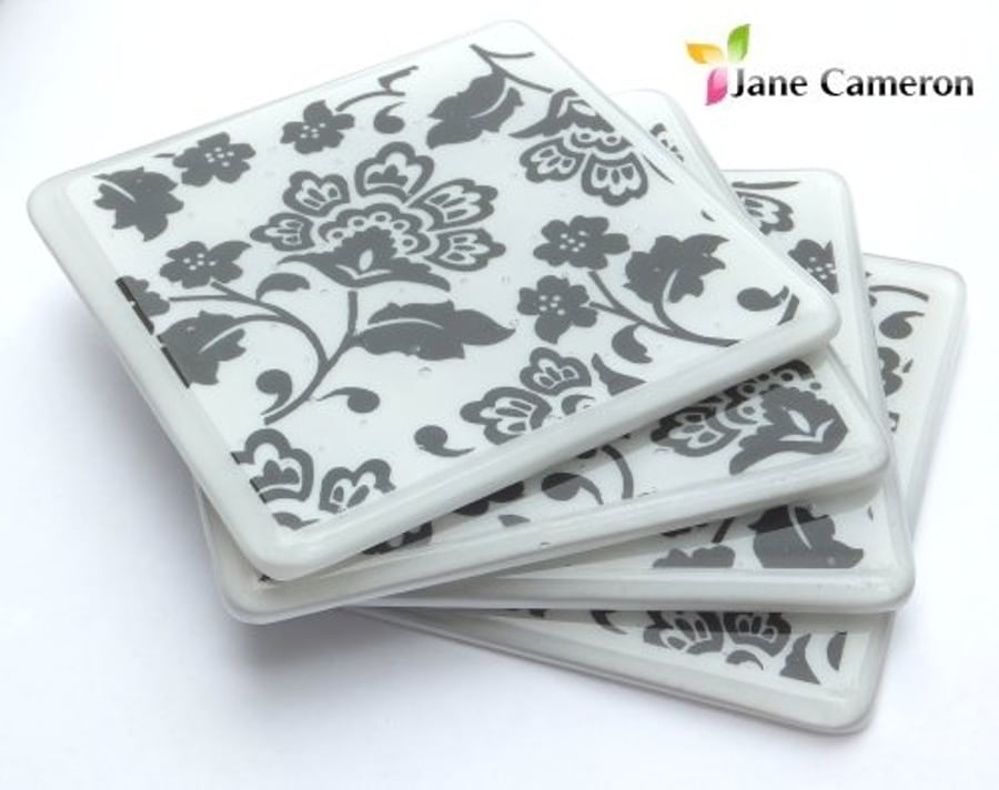 Paisley Coasters - set of 4 - fused glass black and white FGC-009