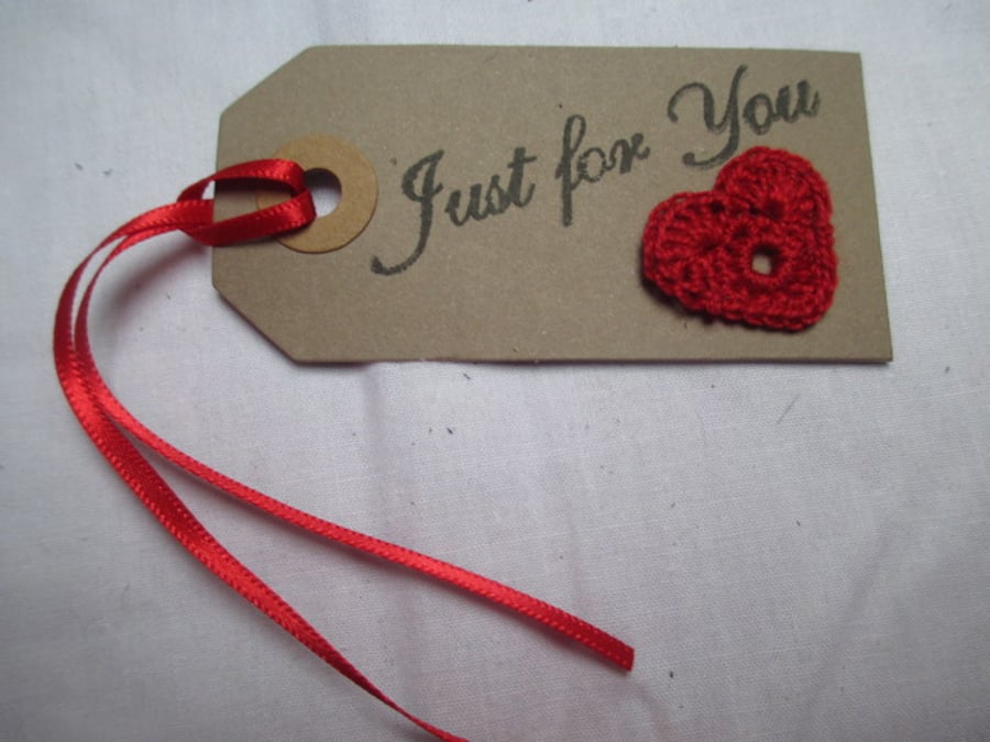 Gift Tag "Just For You" with Crotched Red Heart