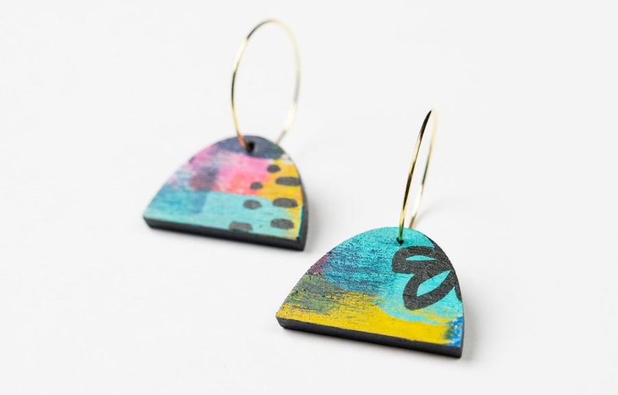 Colourful, wooden statement earrings (The Branscombe hoop earrings) 