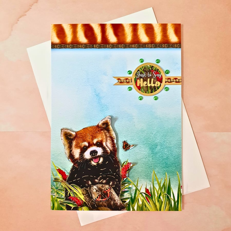 Red Panda 3D Decoupage card for various occasions "Just To Say Hello"