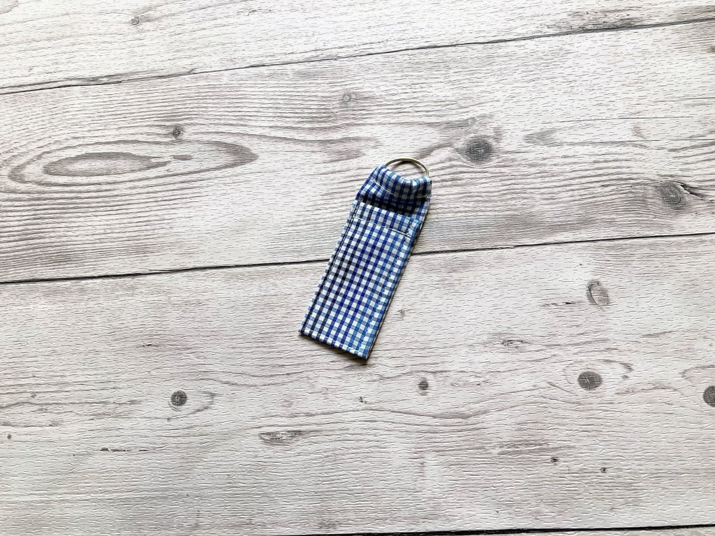 Lip balm cotton fabric keyring. Blue checked.