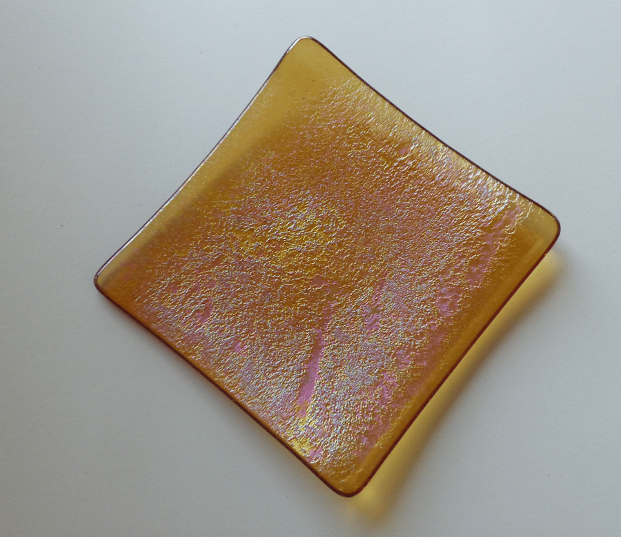 Fused glass textured amber  iridescent trinket dish