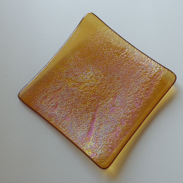 Fused glass textured amber  iridescent trinket dish