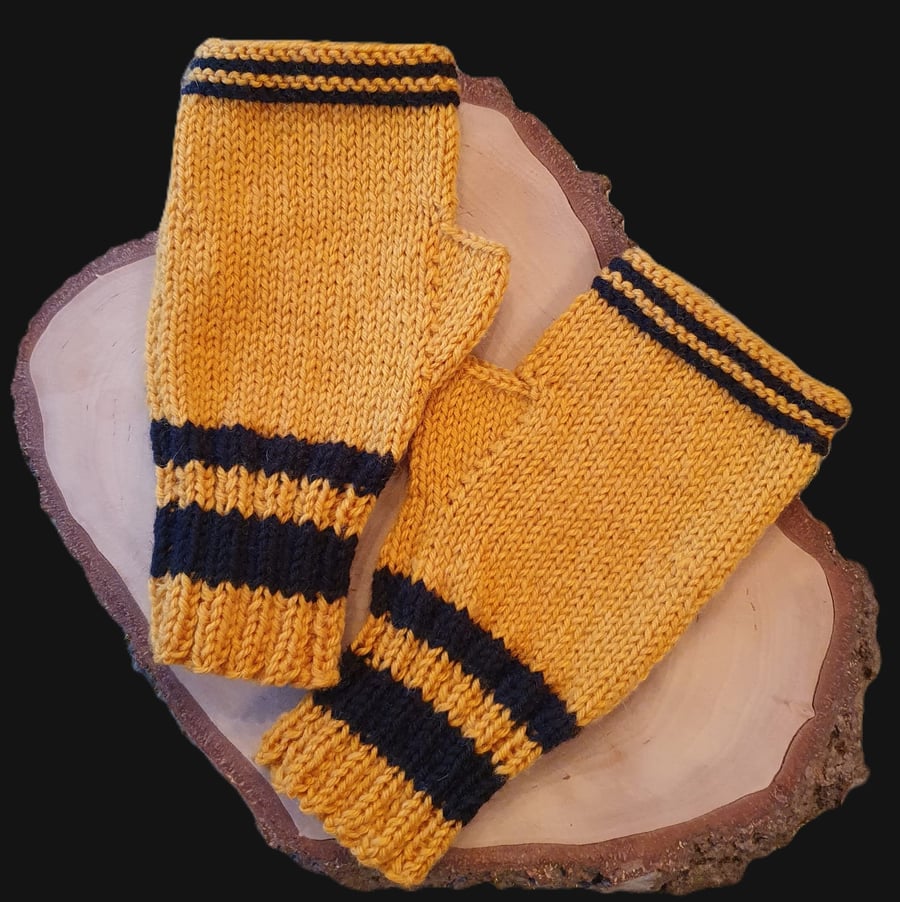 Fingerless Mittens, Mitts, Gloves, Unisex, 4 Sizes, Golden Yellow & Black