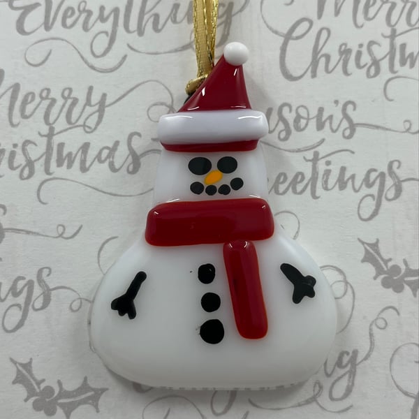 Handmade Fused Glass Snowman Hanging Christmas Decoration 