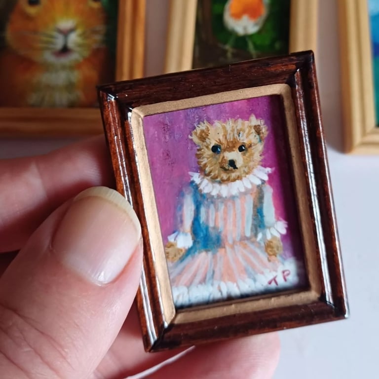 Pretty in Pink Teddy Bear Miniature Oil Painting