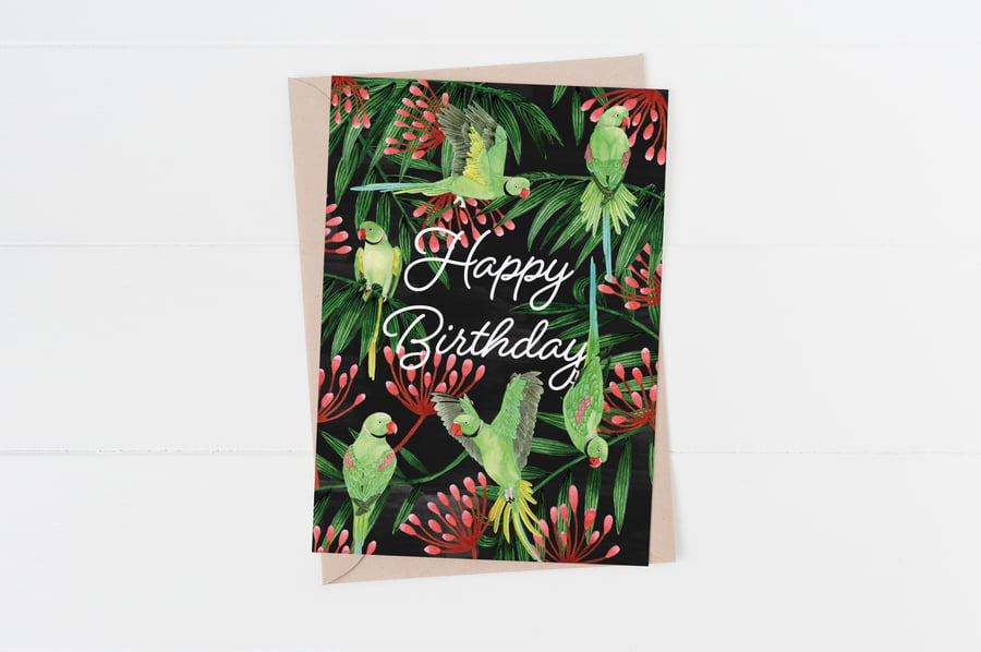 Green ringneck parrot happy birthday card