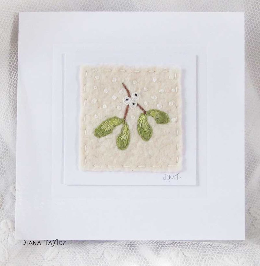 HAND EMBROIDERED MISTLETOE CARD WINTER CHRISTMAS