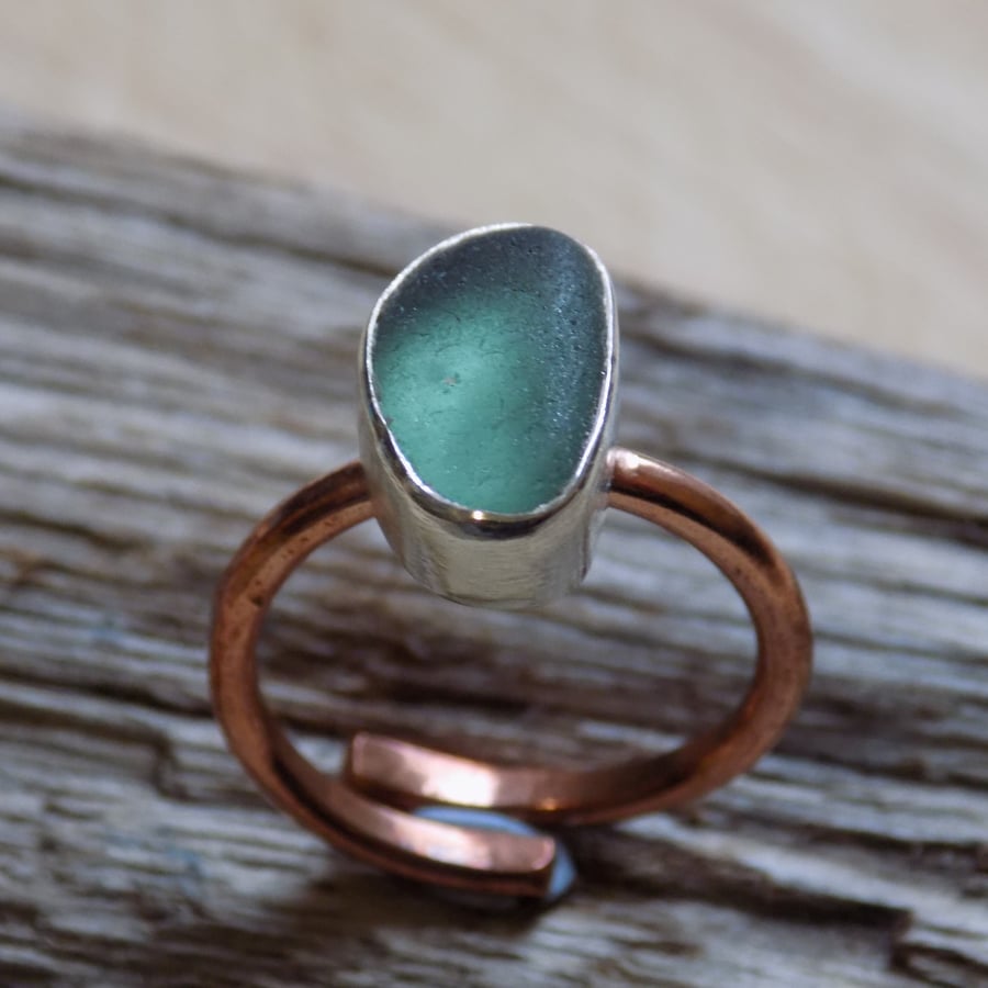Sterling silver and copper sea glass wrap around ring size UK M