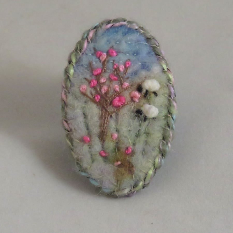 Cherry Blossom and Sheep - Embroidered and felted spring brooch