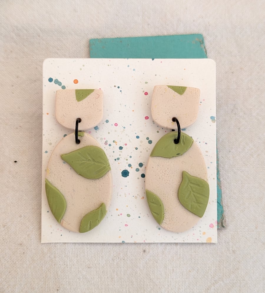 Big earrings,  green and cream leaf oval earrings