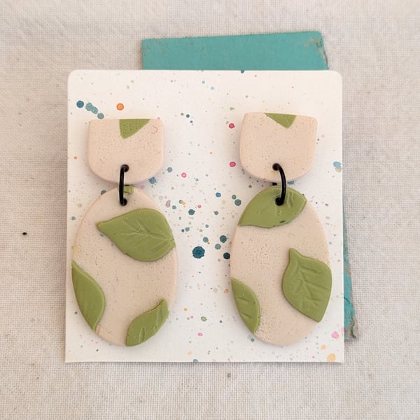 Big earrings,  green and cream leaf oval earrings