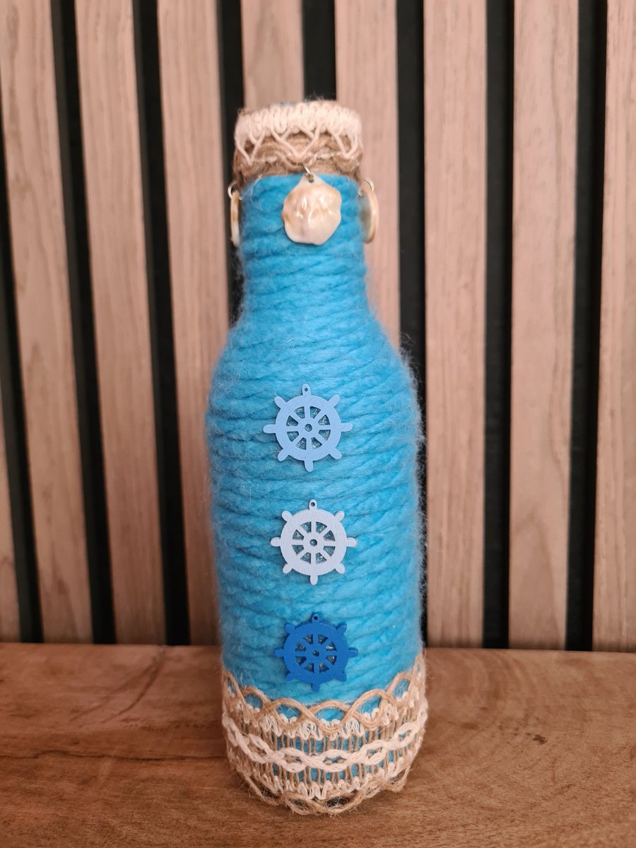 Seaside themed yarn wrapped bottle