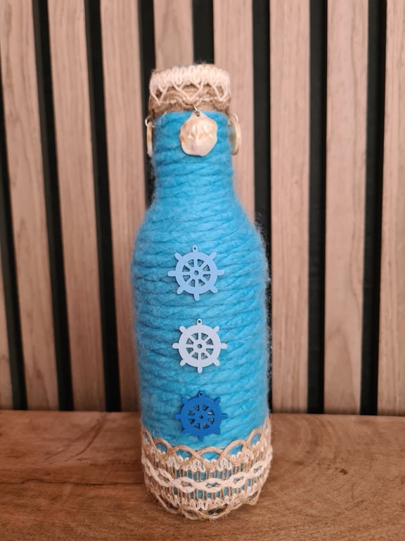 Seaside themed yarn wrapped bottle