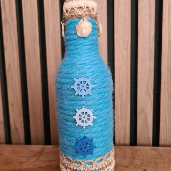 Seaside themed yarn wrapped bottle