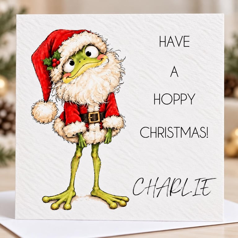 Personalised Funny Frog Christmas Card - Hoppy Christmas - Cute Santa Frog Card 