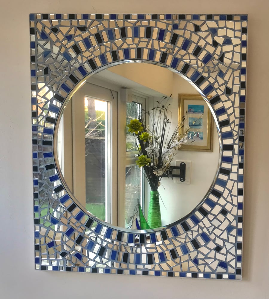 Blue and black stained glass mosaic mirror