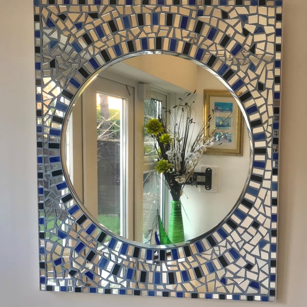 Blue and black stained glass mosaic mirror