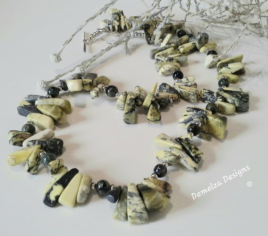 Designer Serpentine  &  Green Apatite Sterling Silver Necklace