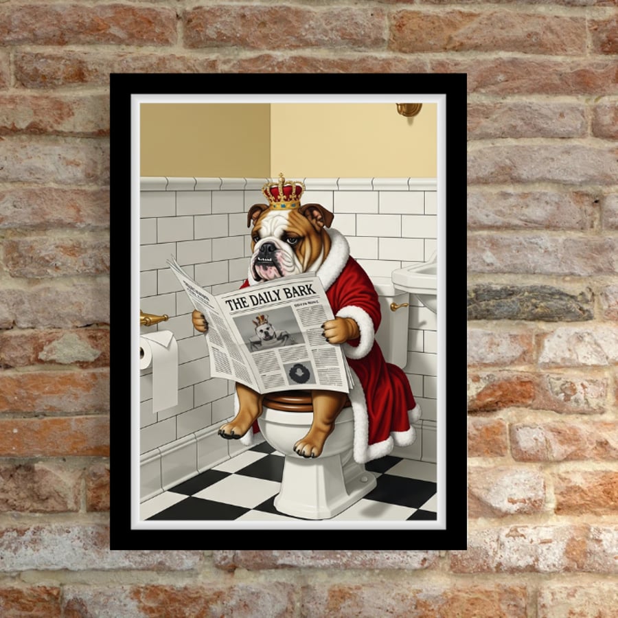 Bull Dog Sat on the loo reading a newspaper Bathroom Wall Prints