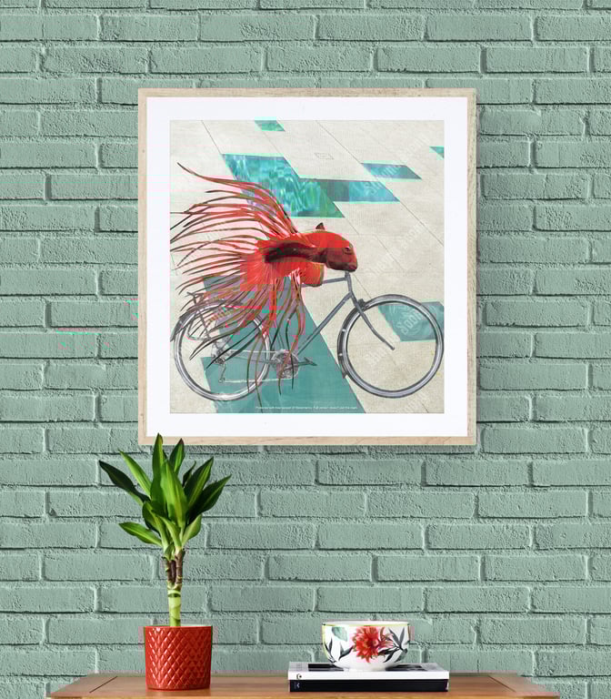 'Fish needs a bicycle' print of handmade collage