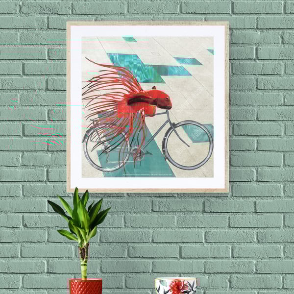 'Fish needs a bicycle' print of handmade collage