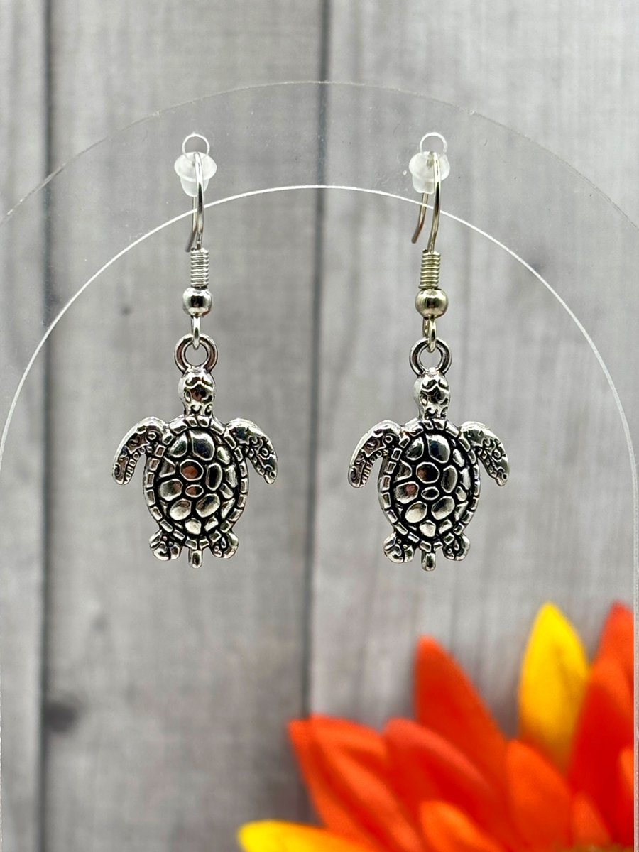 Silver Turtle Charm Earrings. Hypoallergenic. Gift for Her. Nature Earrings.  