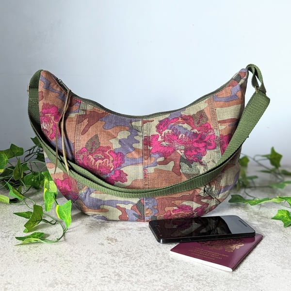 Canvas Sling Bag or Dumpling Cross Body Bag in Floral Denim.