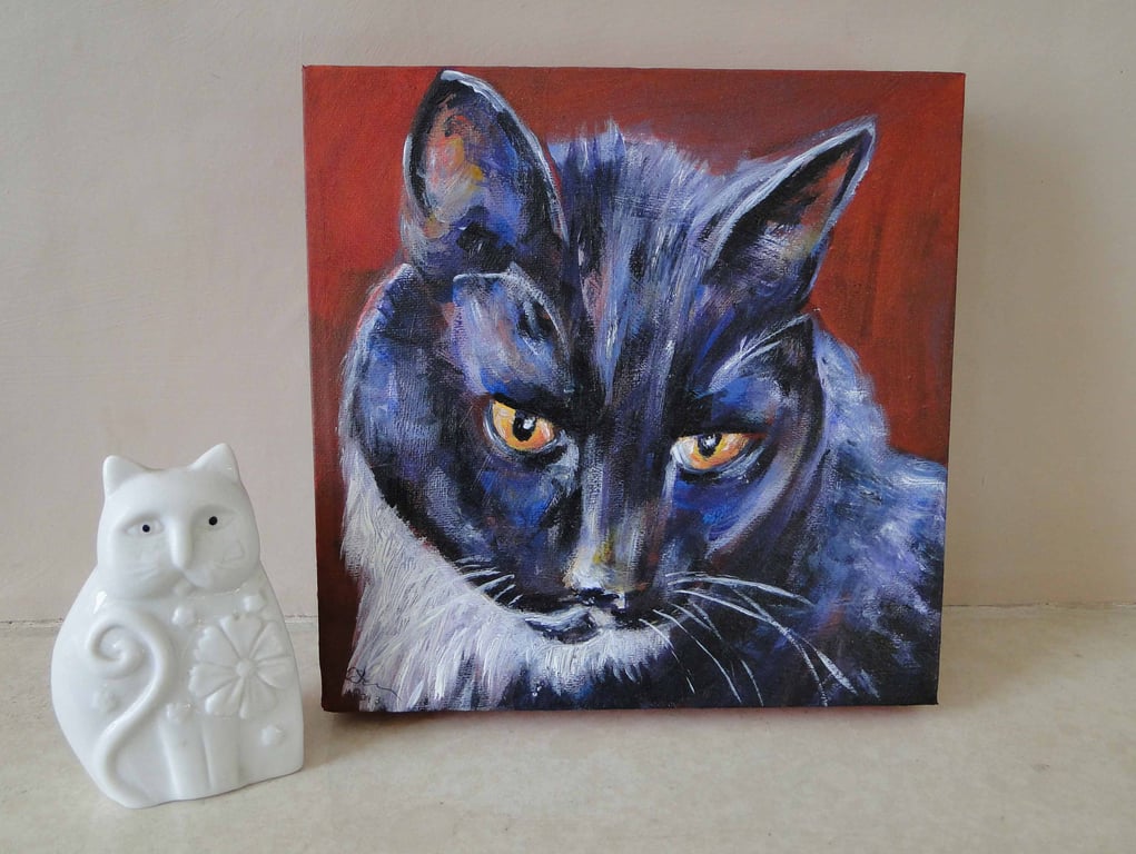 Cat painting Black & White Cat Original Acrylic Painting on Canvas OOAK Art