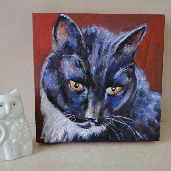 Cat painting Black & White Cat Original Acrylic Painting on Canvas OOAK Art