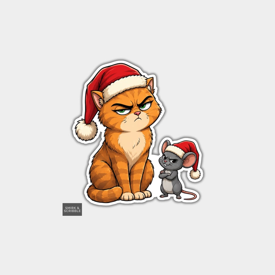 Unique Funny Christmas Sticker Xmas Decal For Adults - Grumpy Cat & Mouse