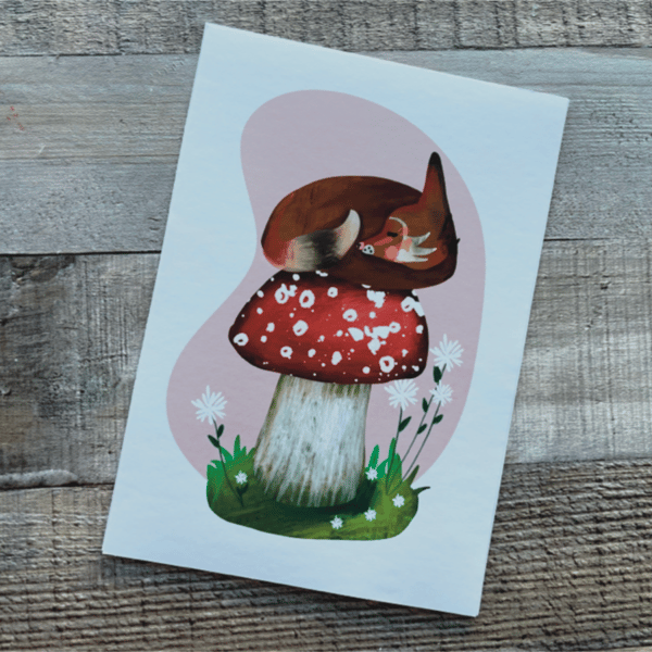 Children’s Nursery Room Artwork Fox On a Mushroom A5 Sized Art Print Only