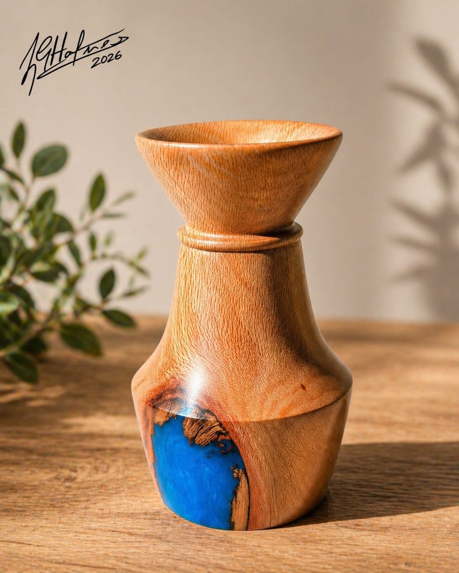 Handturned Lacewood bud vase with blue resin infill