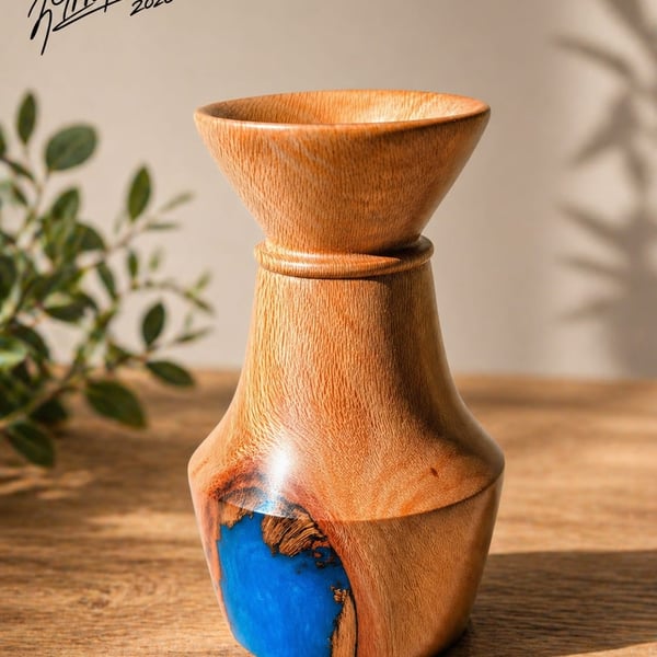 Handturned Lacewood bud vase with blue resin infill