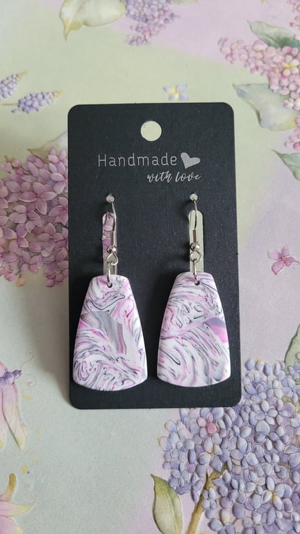 Handmade Polymer Clay Pink, Grey & White Earrings, 316  Surgical Stainless Steel