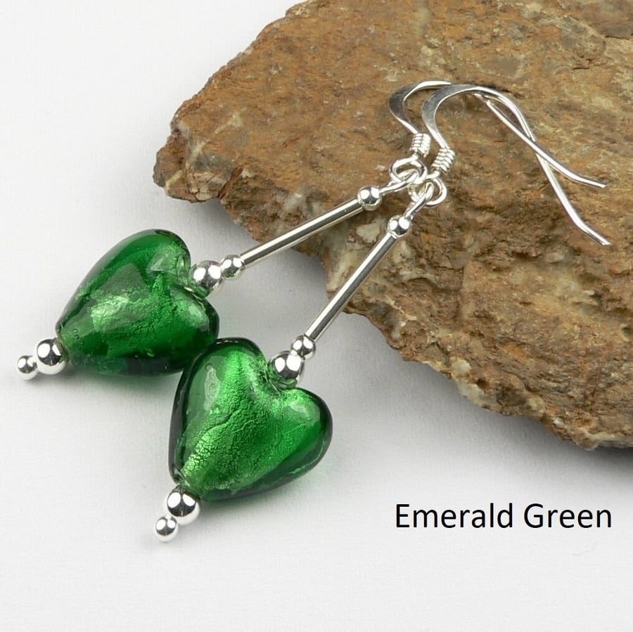 Silver foil glass heart drop earrings, sterling silver, 12mm - 8 colours
