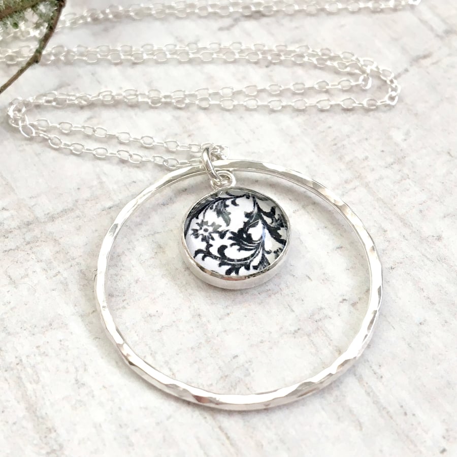 Sterling Silver Black and White Floral Print Circle Loop Pendant Necklace