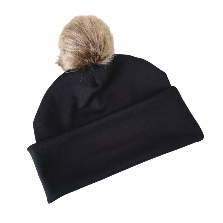Black Jersey Beanie Hat with Faux Fur Pom Pom for Women Women's Hats