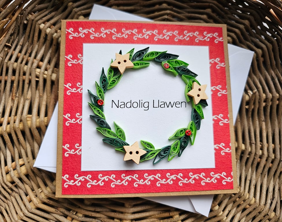 Small Welsh Quilled Wreath Card with Buttons Size 4" x 4" (10cm x 10cm)