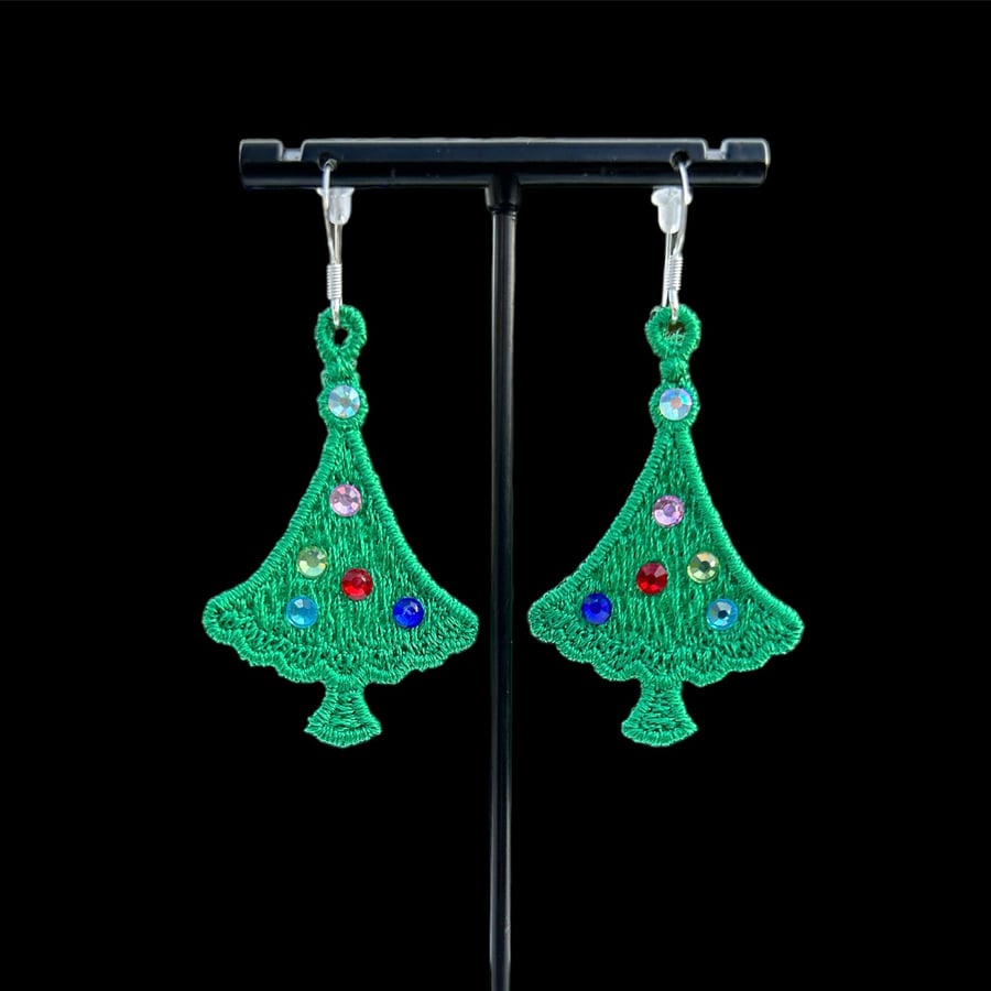 Christmas Tree Lace Earrings on Sterling Silver Hooks