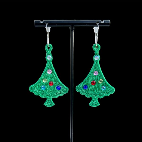 Christmas Tree Lace Earrings on Sterling Silver Hooks
