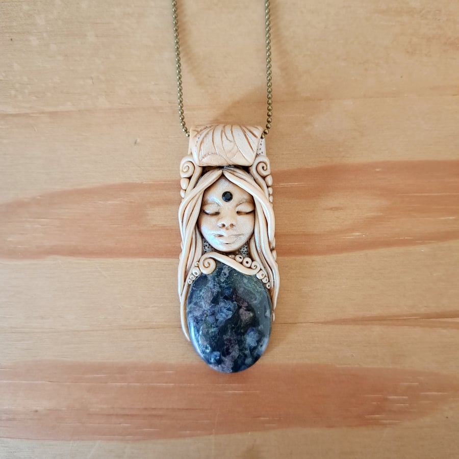 Que Sera Stone Crystal and Polymer Clay Goddess Amulet Pendant
