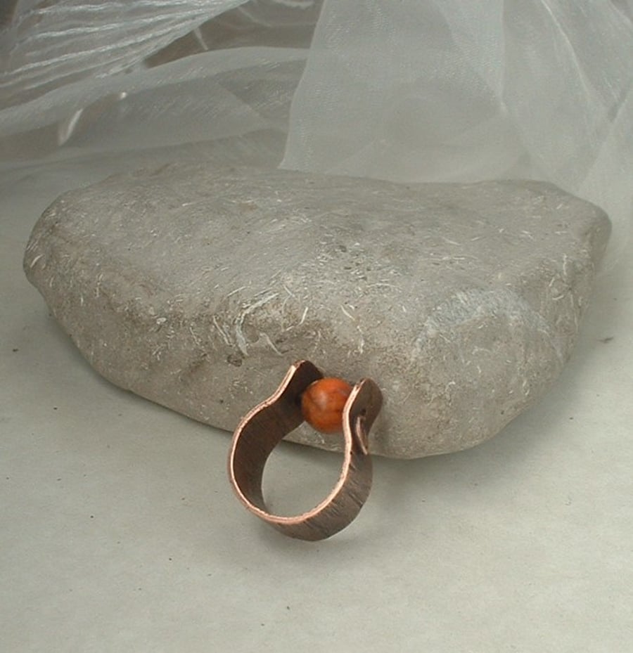 Rustic Copper Unisex Finger Thumb Ring with Jasper Worry Bead