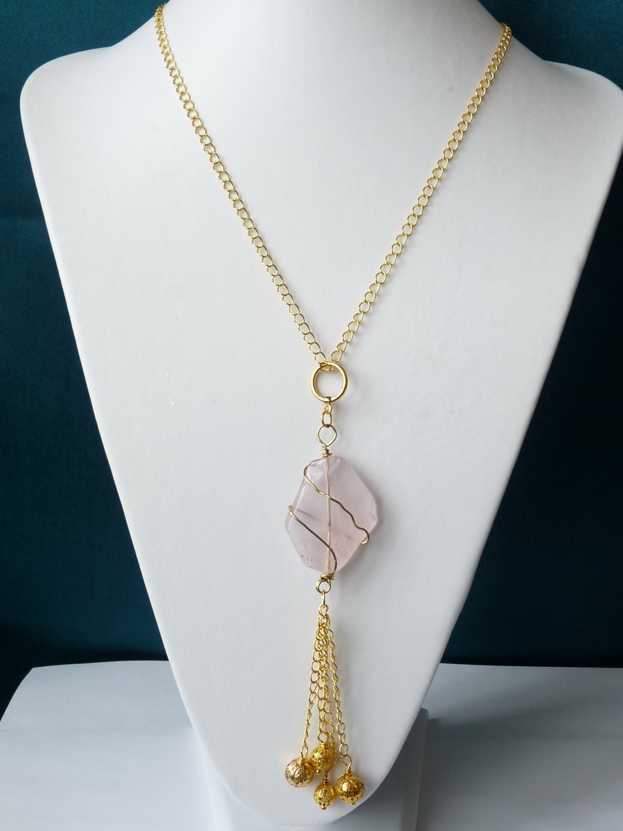 Rose Quartz & Filigree Tassel Necklace - Genuine Gemstone - Handmade