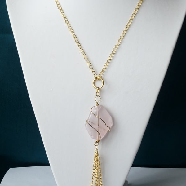 Rose Quartz & Filigree Tassel Necklace - Genuine Gemstone - Handmade