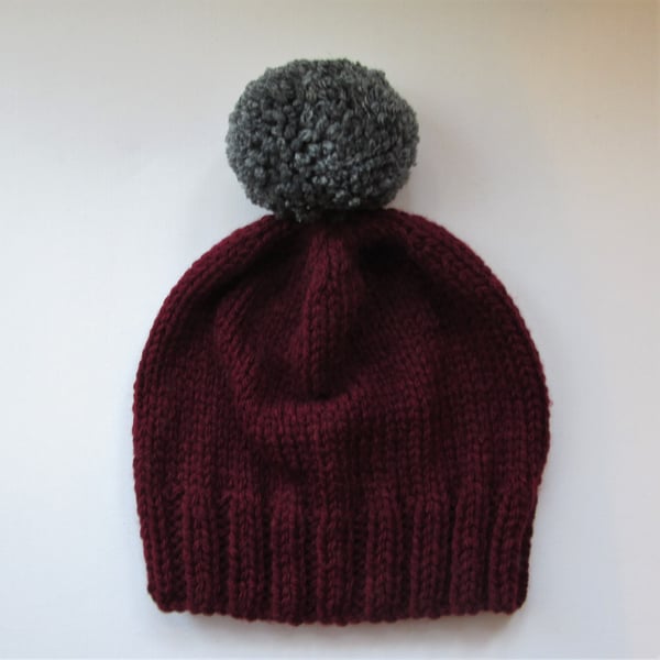 Bobble Hat in Burgundy Chunky Yarn with Grey Pom Pom