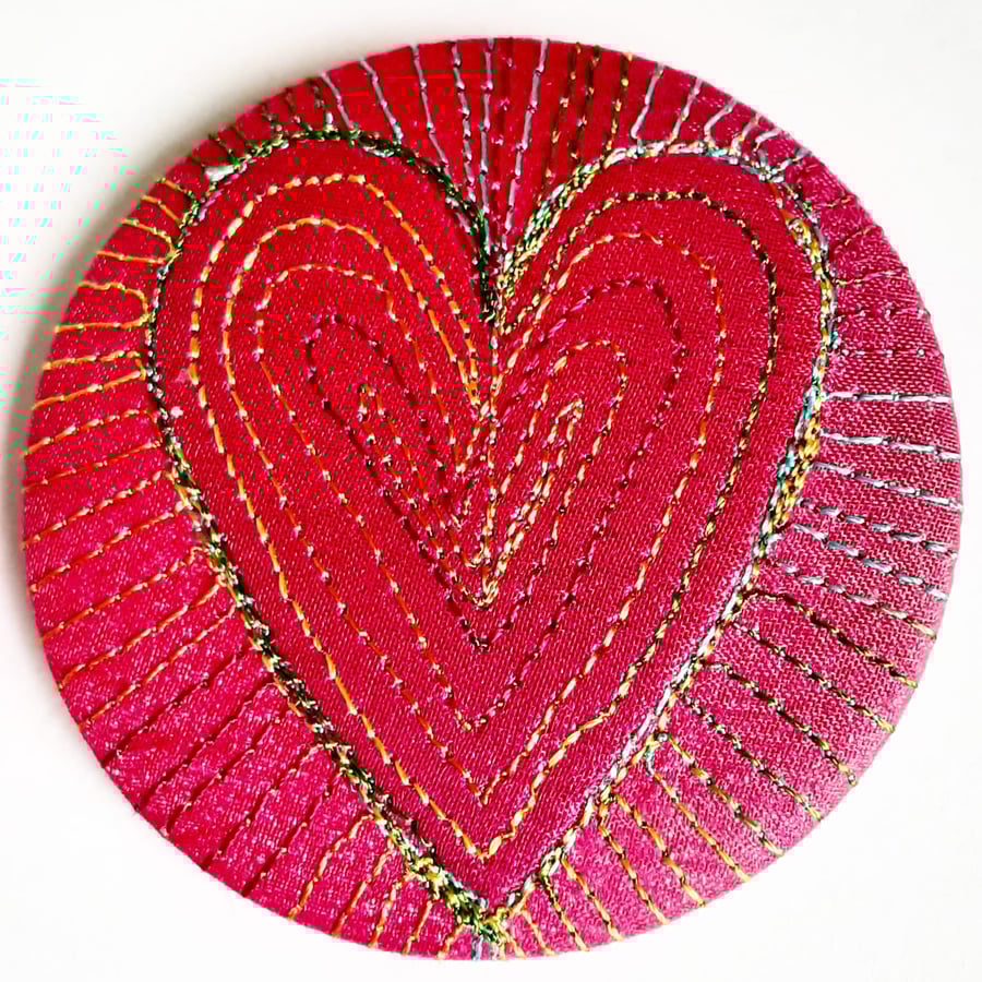 58mm Fabric Badge with Free Machine Embroidery Hand Dyed Silks and Cottons Badge