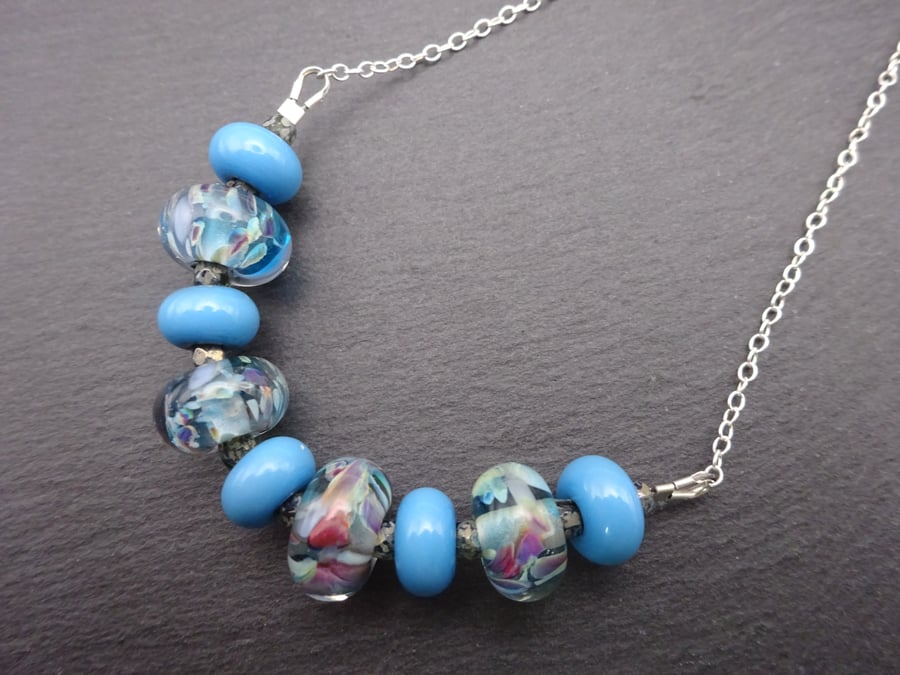 sterling silver chain, blue lampwork glass beaded necklace