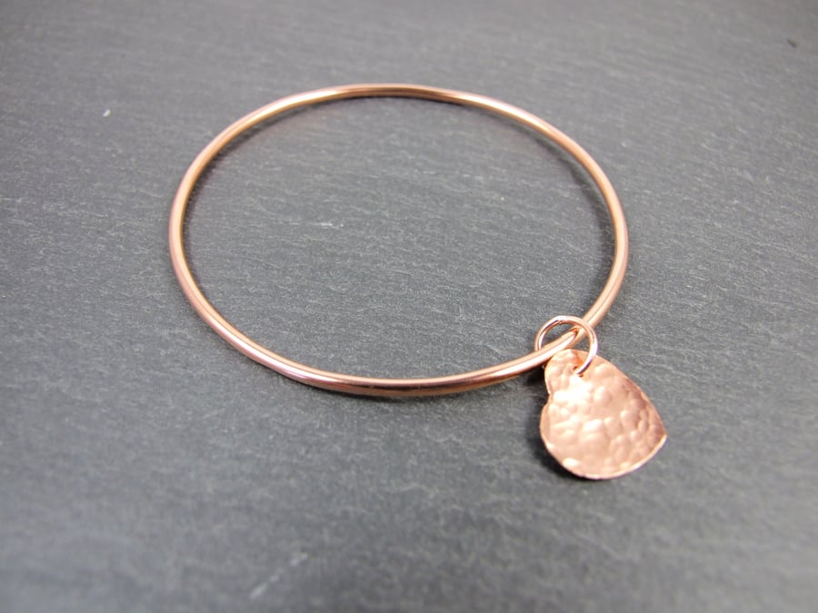 Copper Bangle, with Hammered Heart Charm